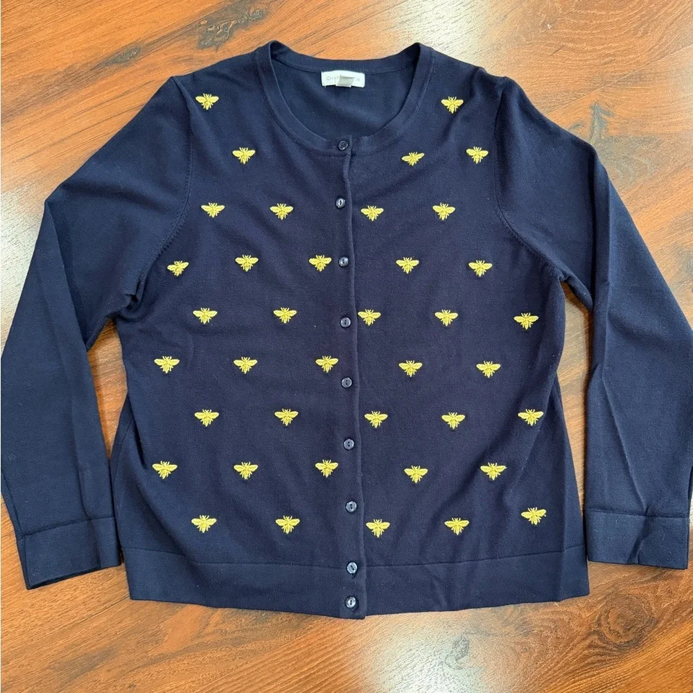 Charter Club women's navy blue bee collection embroidered cardigan Sz L - Picture 2 of 7